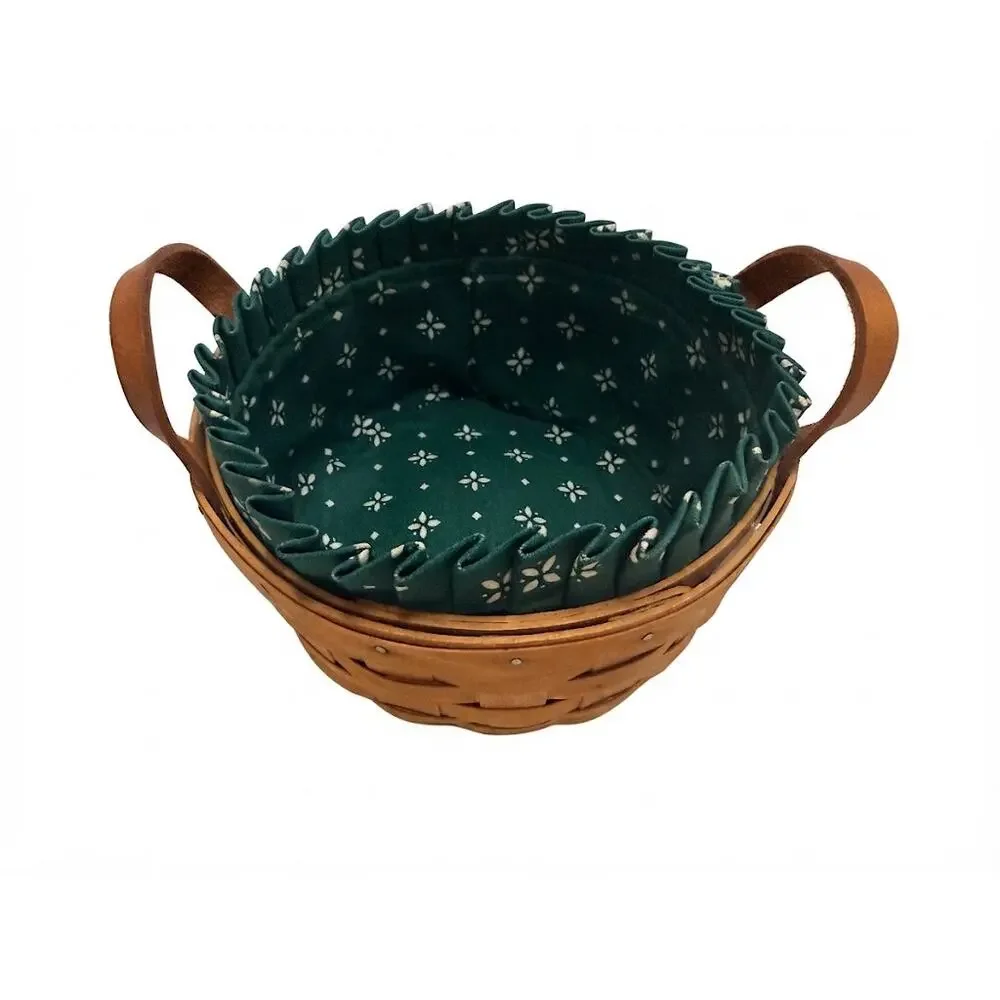 Vintage 1994 Longaberger Handwoven Round Basket - Leather Handles & Fabric Liner